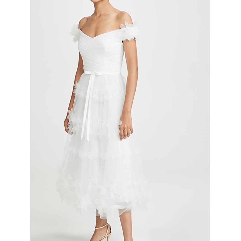 Off Shoulder 3D Floral Tulle Tea Length Gown